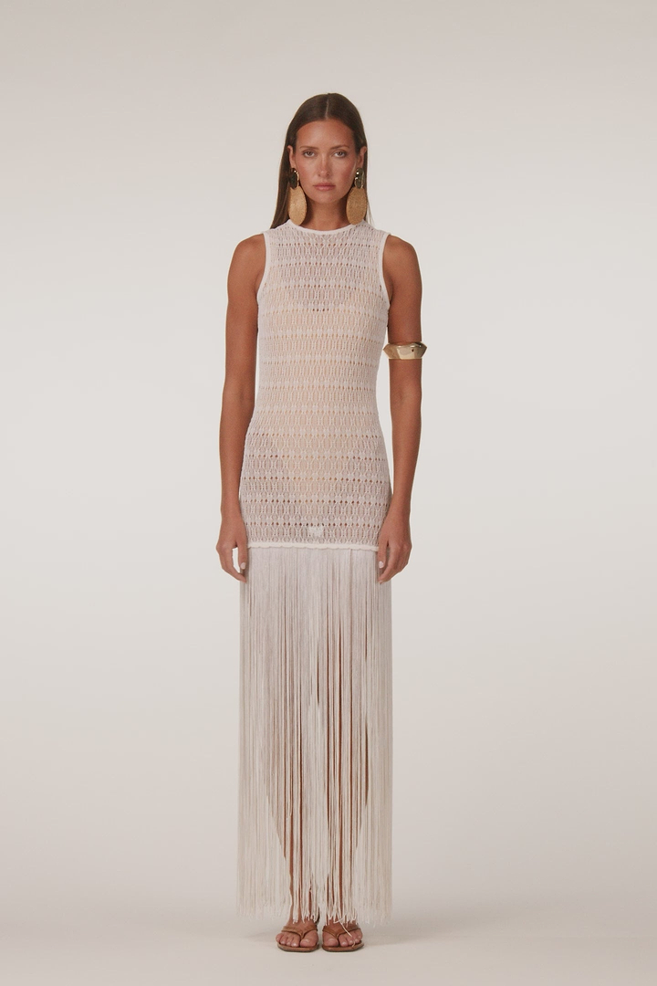Fringe Knit Maxi Dress (Cream)