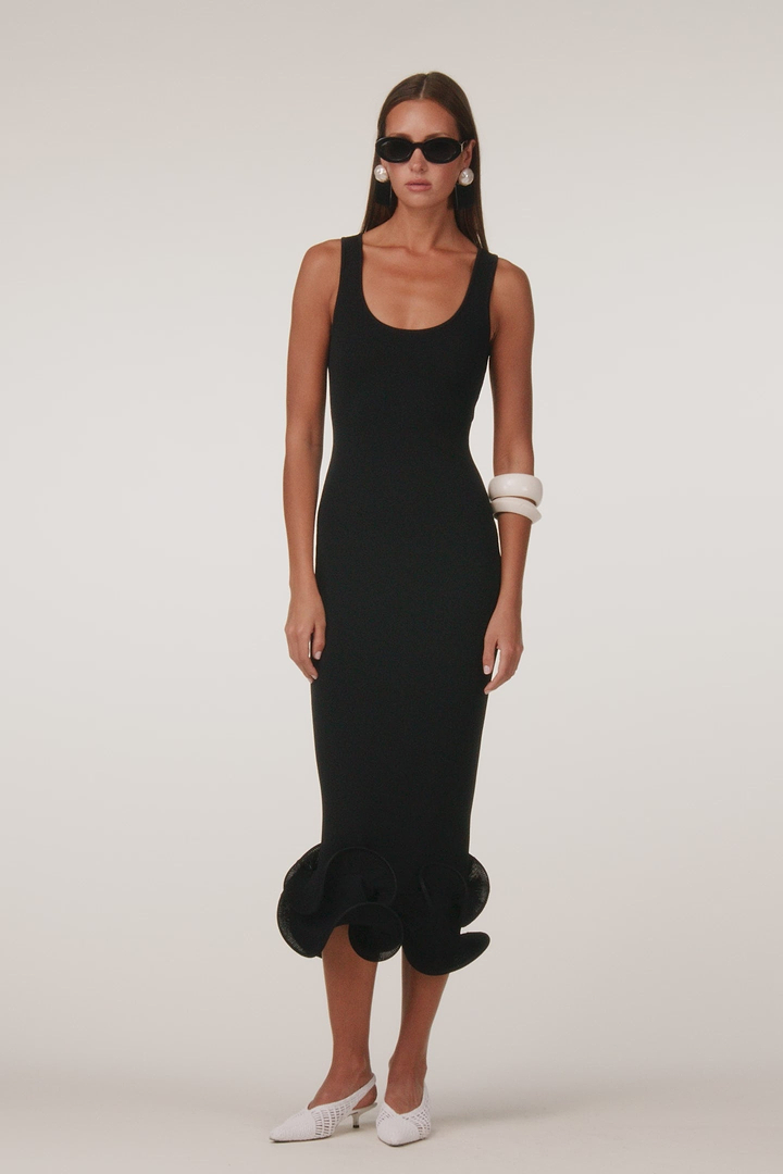 Double Ruffle Hem Midi Dress (Black)