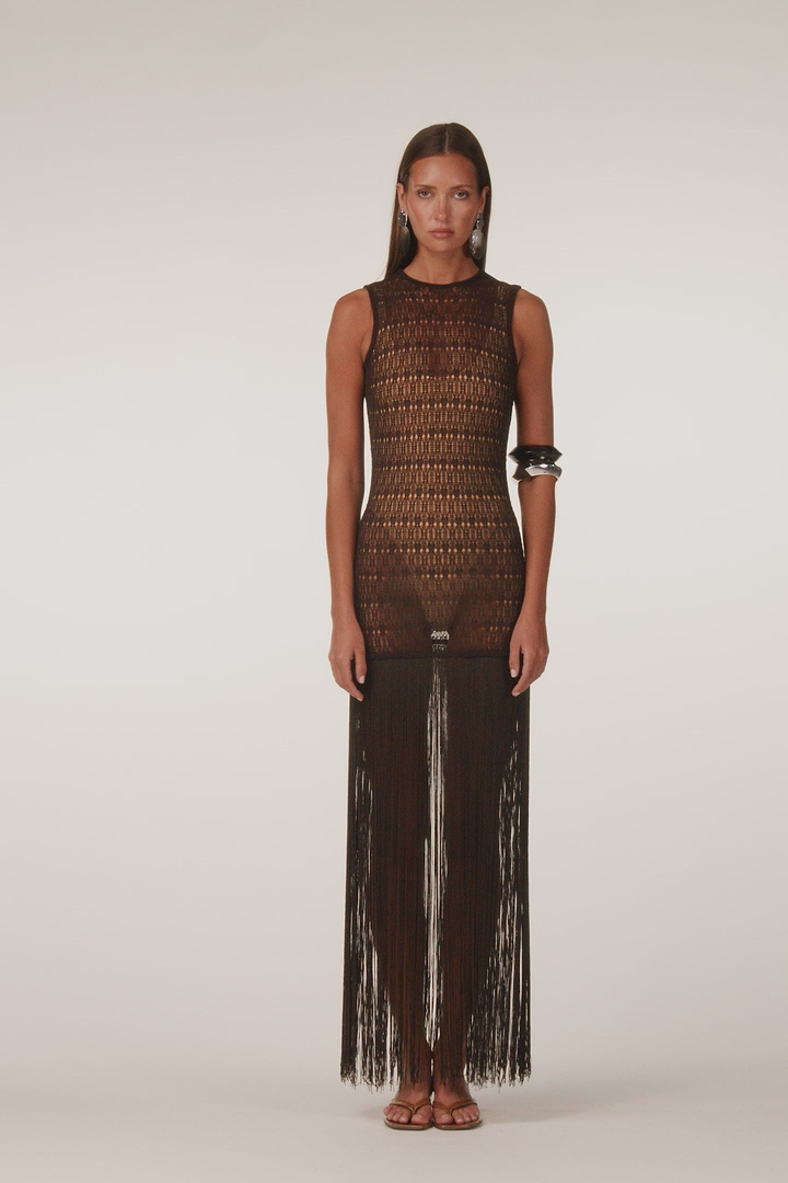 Fringe Knit Maxi Dress (Chocolate Brown)