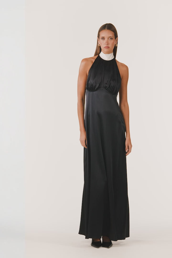 Contrast Tie Neck Gown (Black)