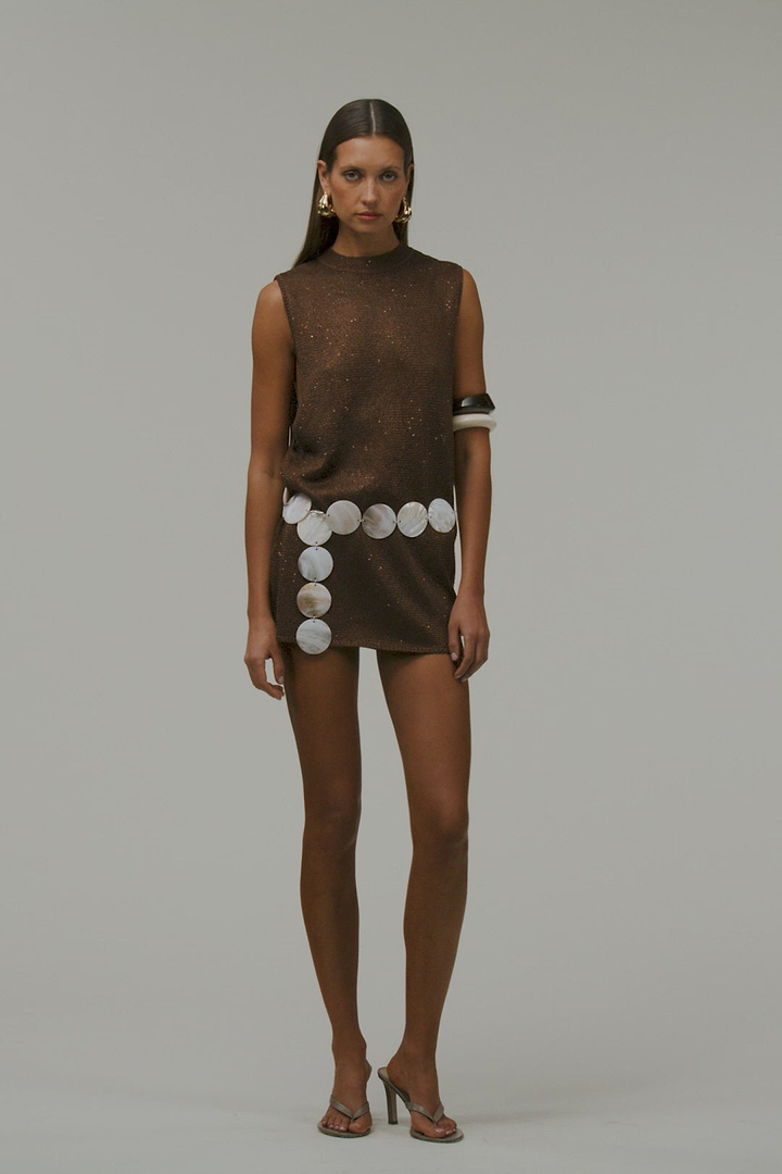 Sleeveless Knit Mini Dress (Chocolate Brown Sequin)