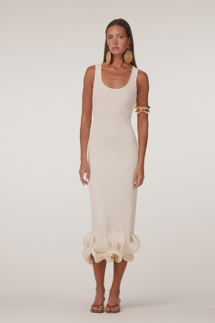Double Ruffle Hem Midi Dress (Cream)
