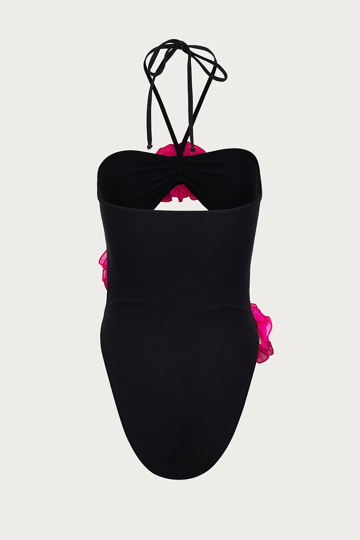 Rose Cut Out One Piece (Faux Suede Black/Fuchsia)