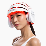 Woman using CurrentBody LED Hair Growth Helmet on her head