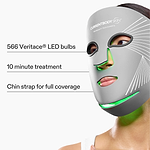 Model wearing the CurrentBody Skin LED Multi-Light Mask with key features displayed.