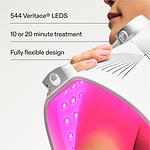 CurrentBody LED light therapy panel in use on a woman's shoulder, highlighting its features.