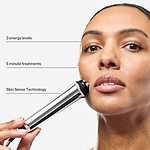 CurrentBody RF device highlighting three energy levels, five-minute treatments, and Skin Sense Technology