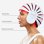 Side view of CurrentBody LED Hair Growth Helmet on head, highlighting key features