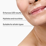 Woman wearing the hydrogel lip mask and key features listed