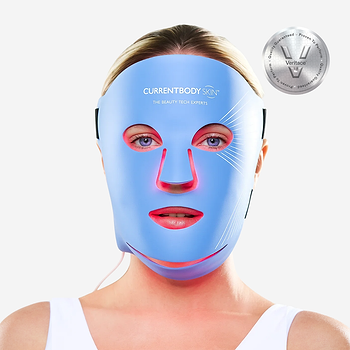 Woman wearing CurrentBody LED Blue Light Therapy Face Mask Series 2