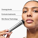 CurrentBody RF device highlighting three energy levels, five-minute treatments, and Skin Sense Technology