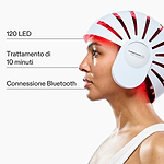 Vista laterale del casco LED per la crescita dei capelli CurrentBody indossato sulla testa, con indicazione delle caratteristiche principali