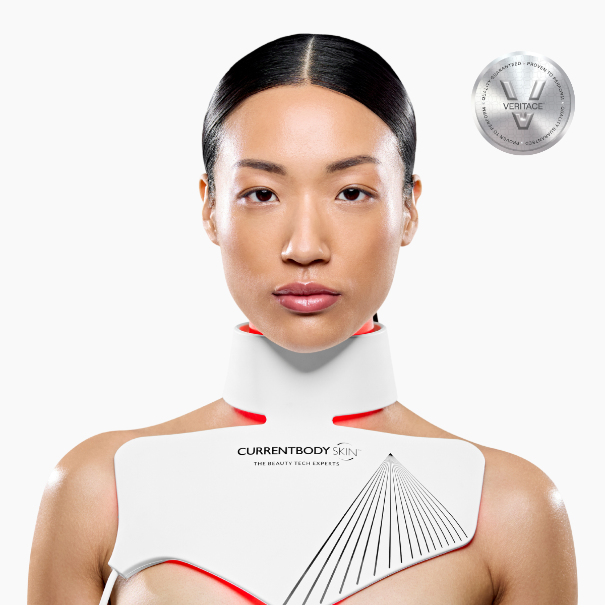 woman with neck and chest anti-ageing device on