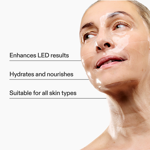 Woman wearing the CurrentBody Skin Hydrogel Face Mask with key features listed