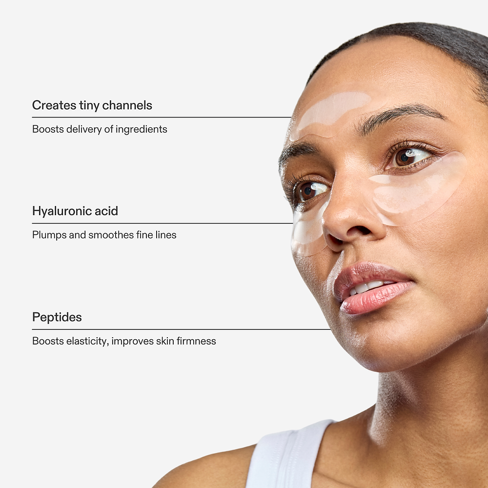 Woman wearing the CurrentBody Skin Microneedling Patches highlighting the key features