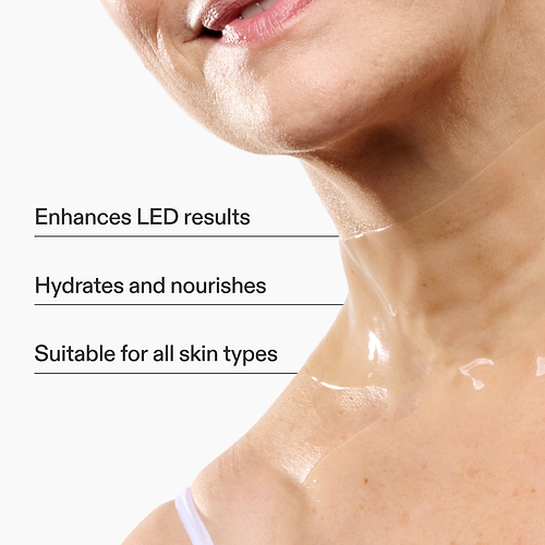 Woman wearing the LED Hydrogel Neck & Décolletage Mask with key features displayed