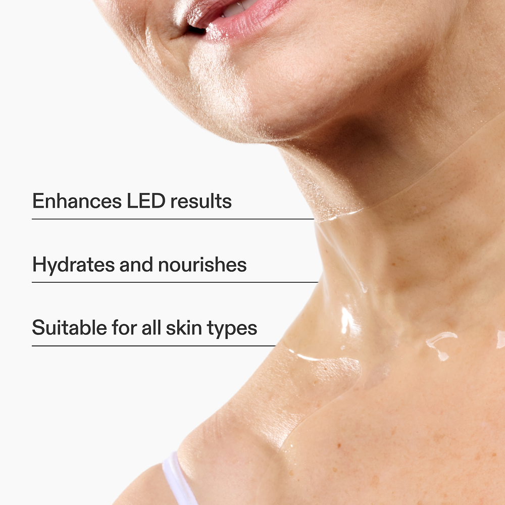 Woman wearing the LED Hydrogel Neck & Décolletage Mask with key features displayed