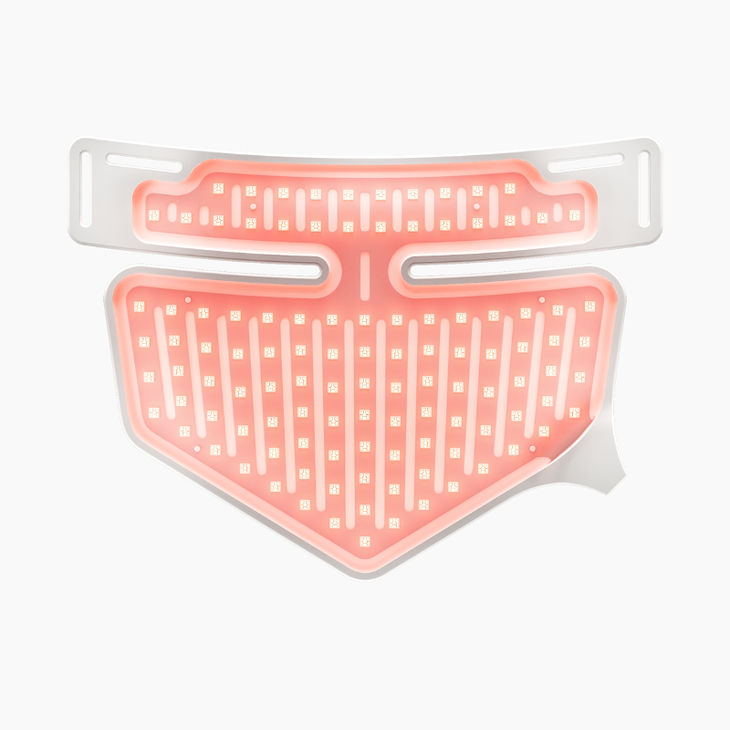 LED layout of CurrentBody Neck & Décolletage Mask Series 2 showing illuminated LEDs and red light therapy coverage for the chest area