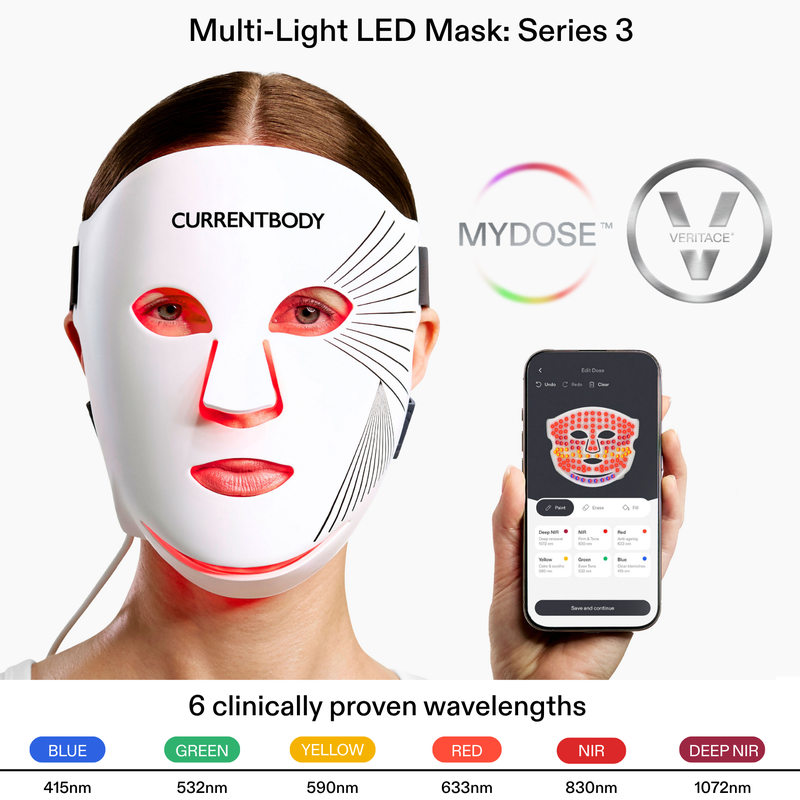 Image of model wearing mask holding phone with app on screen with Veritace and MyDose logos