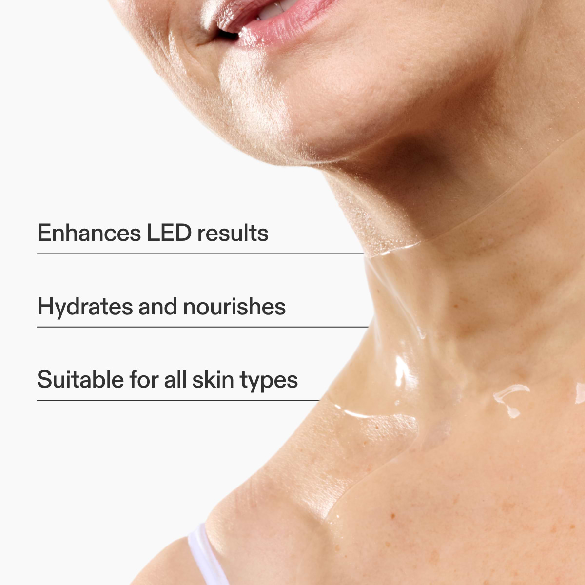 Woman wearing the LED Hydrogel Neck & Décolletage Mask with key features displayed