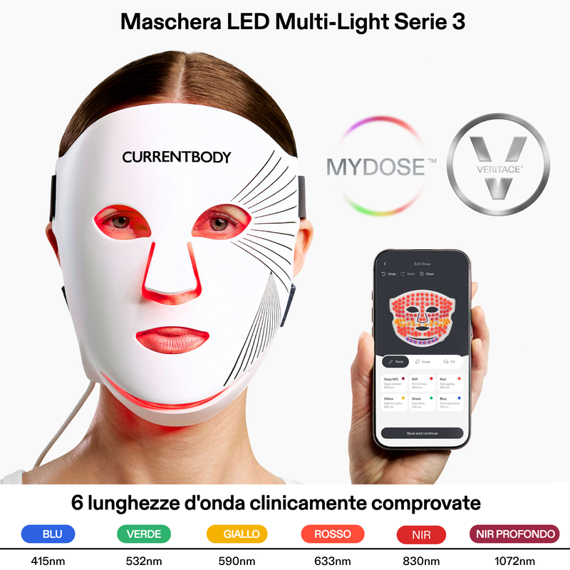Image of model wearing mask holding phone with app on screen with Veritace and MyDose logos