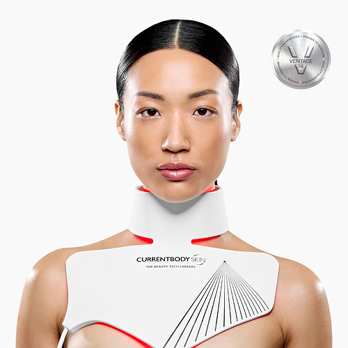 woman with neck and chest anti-ageing device on