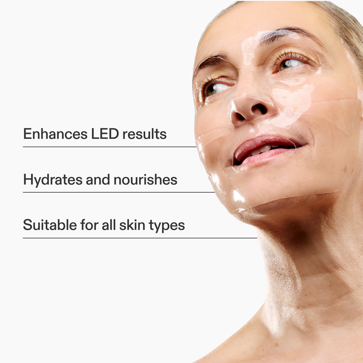 Woman wearing the CurrentBody Skin Hydrogel Face Mask with key features listed