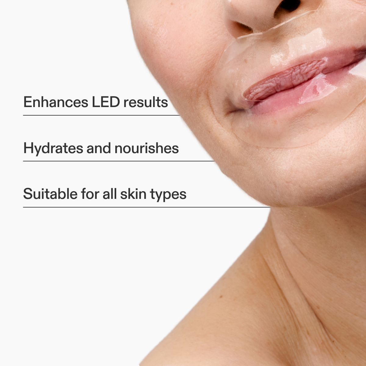 Woman wearing the hydrogel lip mask and key features listed