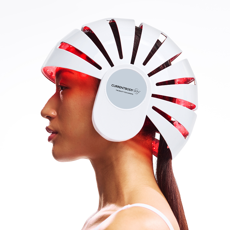 Side view of CurrentBody LED Hair Growth Helmet on head, highlighting key features