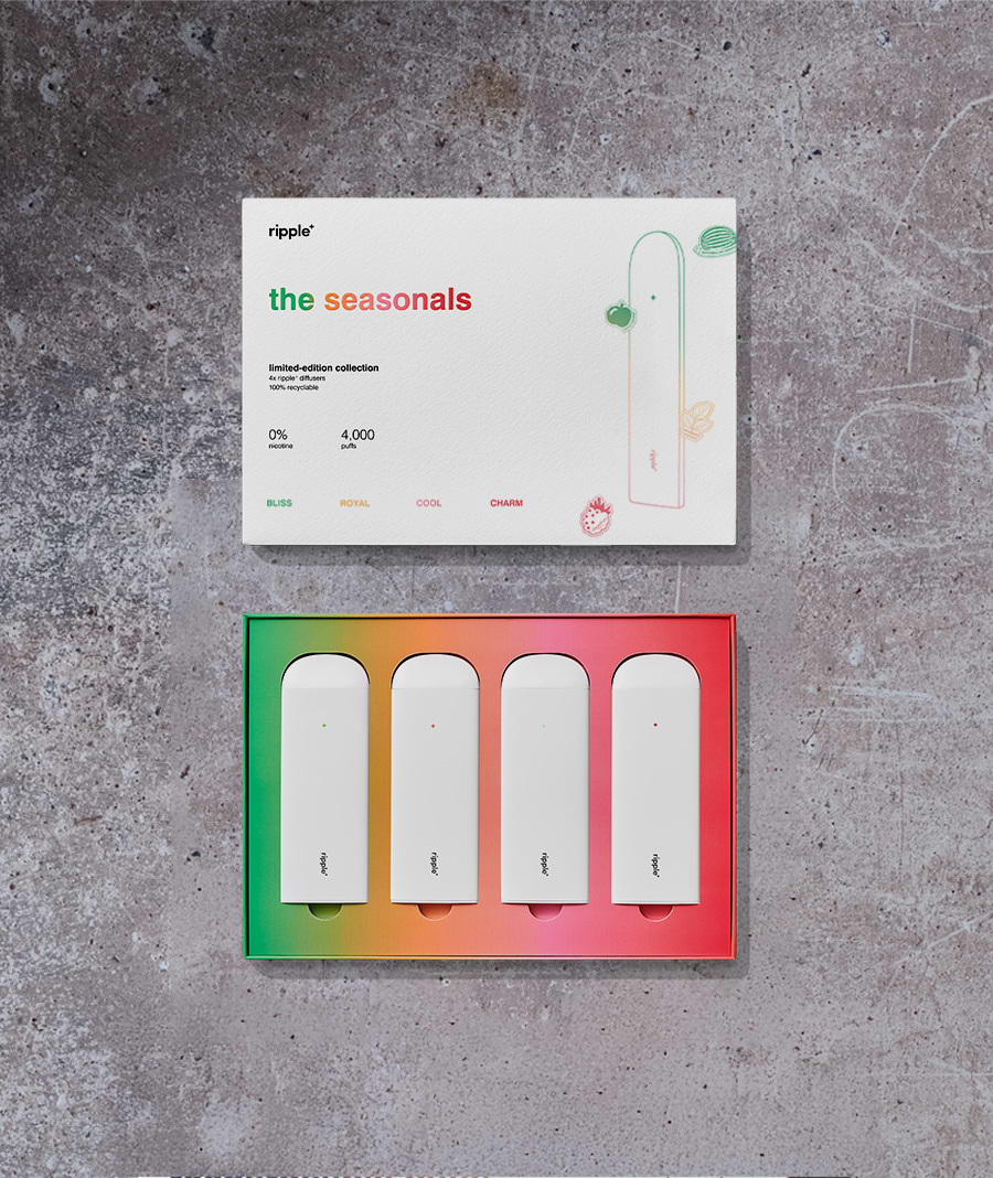 SEASONALS: 0% nicotine watermelon, green apple, spearmint and raspberry diffusers SEASONALS: 0% nicotine watermelon, green apple, spearmint and raspberry diffusers