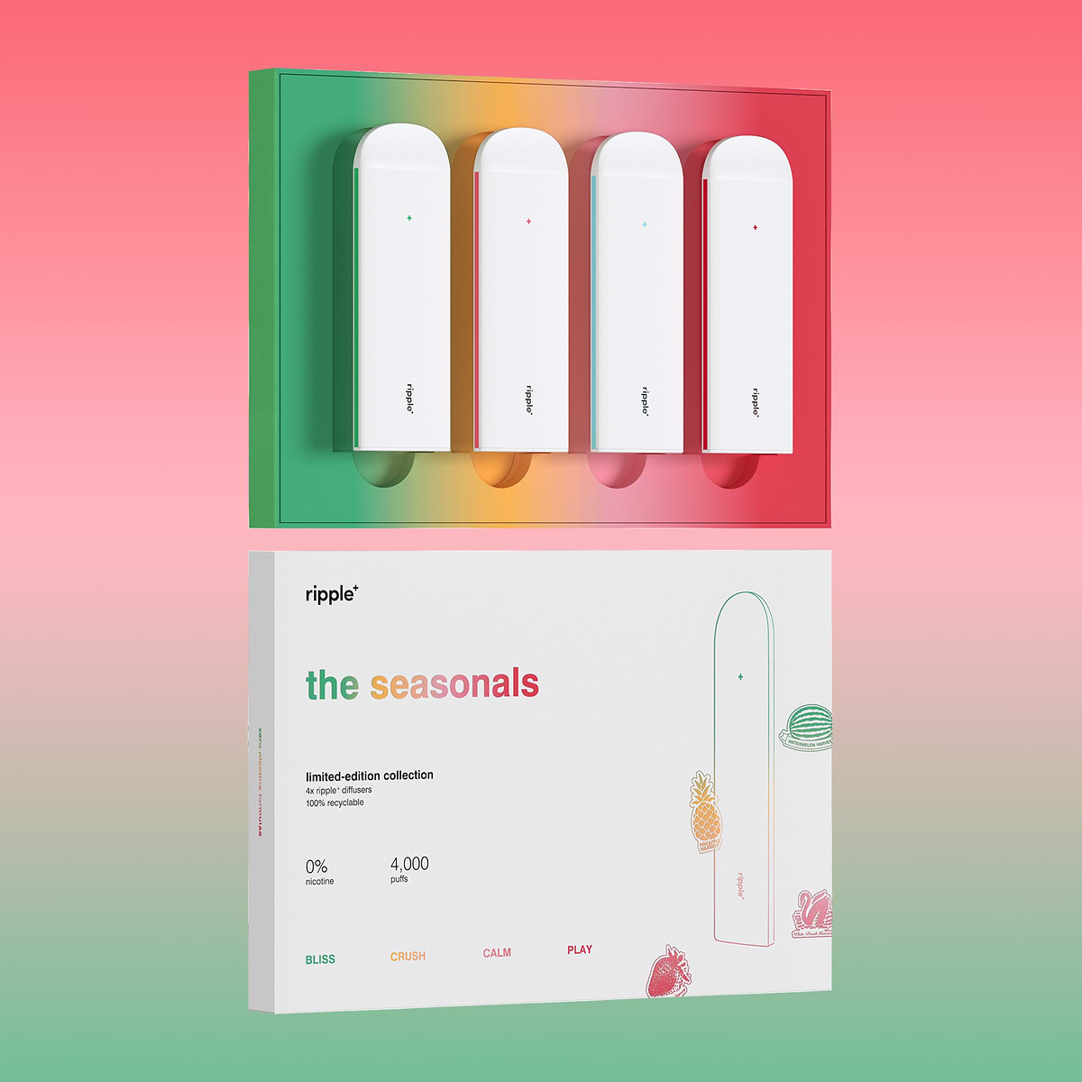 SEASONALS: 0% nicotine watermelon, green apple, spearmint and raspberry diffusers SEASONALS: 0% nicotine watermelon, green apple, spearmint and raspberry diffusers