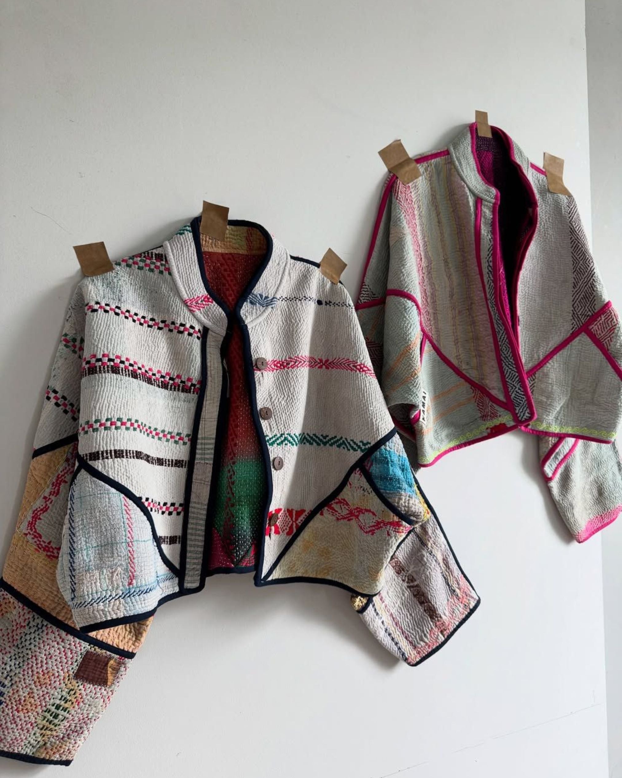 kantha quilt made from layered vintage saris with hand-stitched running seams