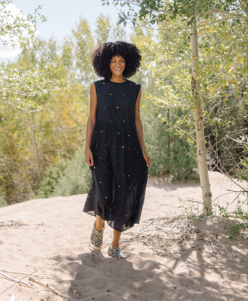 The Anan Gathered Dress ~ Black Jamdhani
