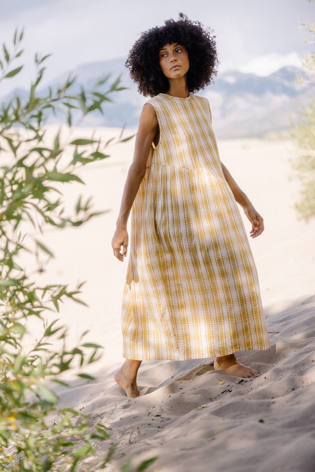 The Anan Gathered Dress  ~ Turmeric Check