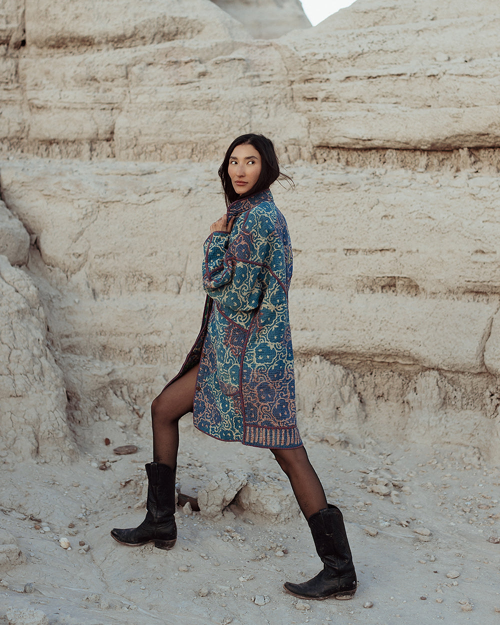 The Sai Quilted Indigo Kantha Coat