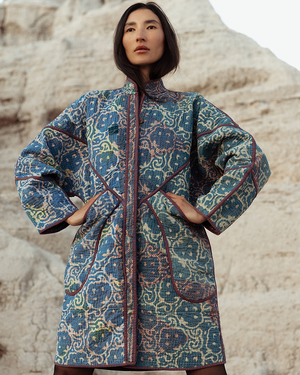 The Sai Quilted Indigo Kantha Coat
