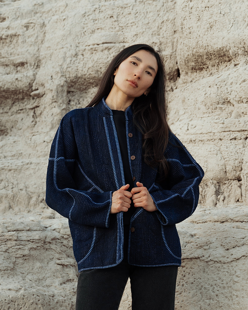 The Ladhiya Quilted Indigo Kantha Jacket