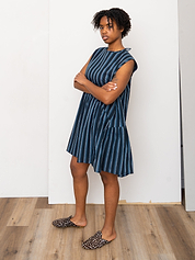 The Anan Short Gathered Dress ~ Tarmac Stripe