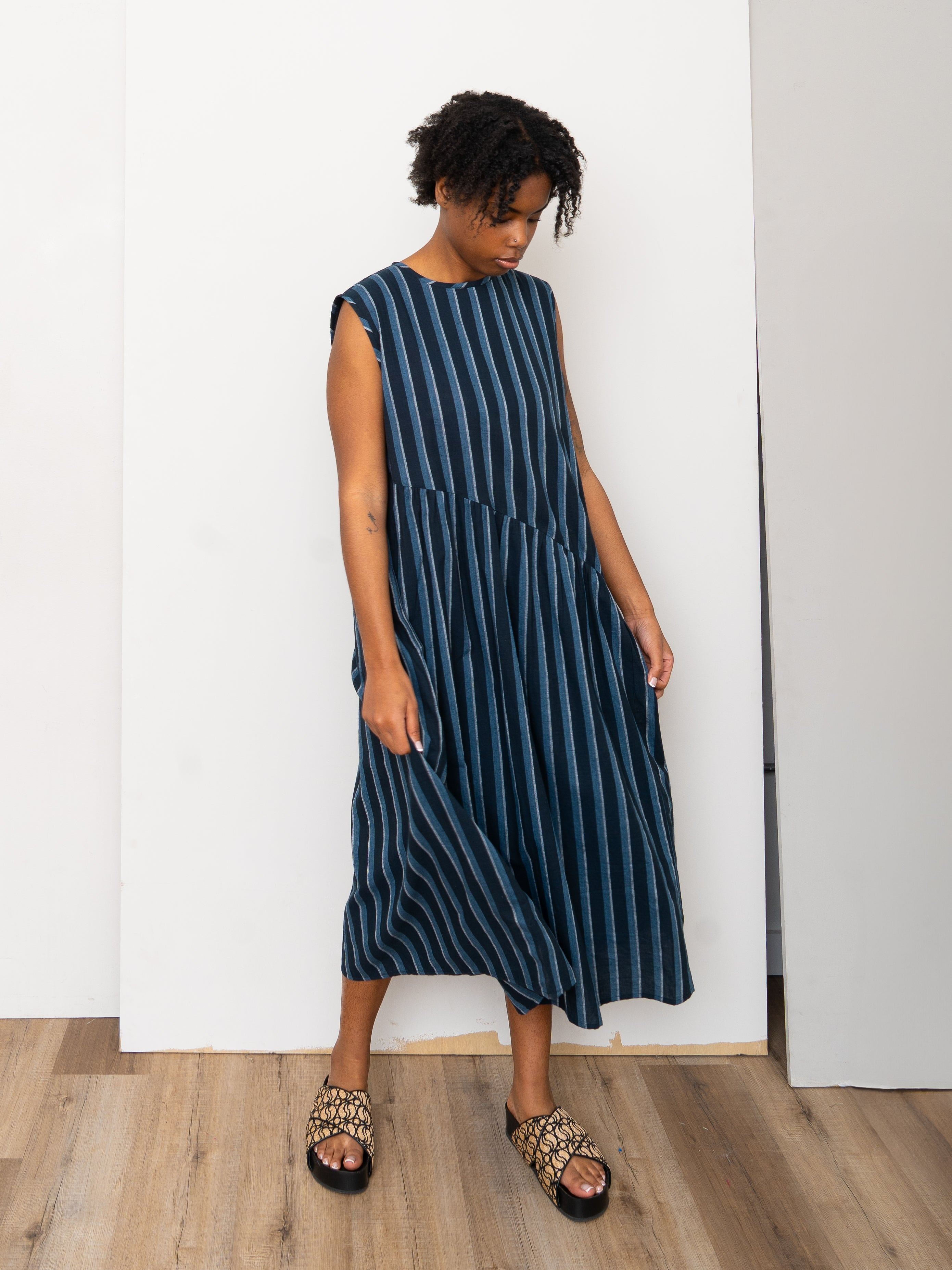 The Anan Gathered Dress ~ Tarmac Stripe