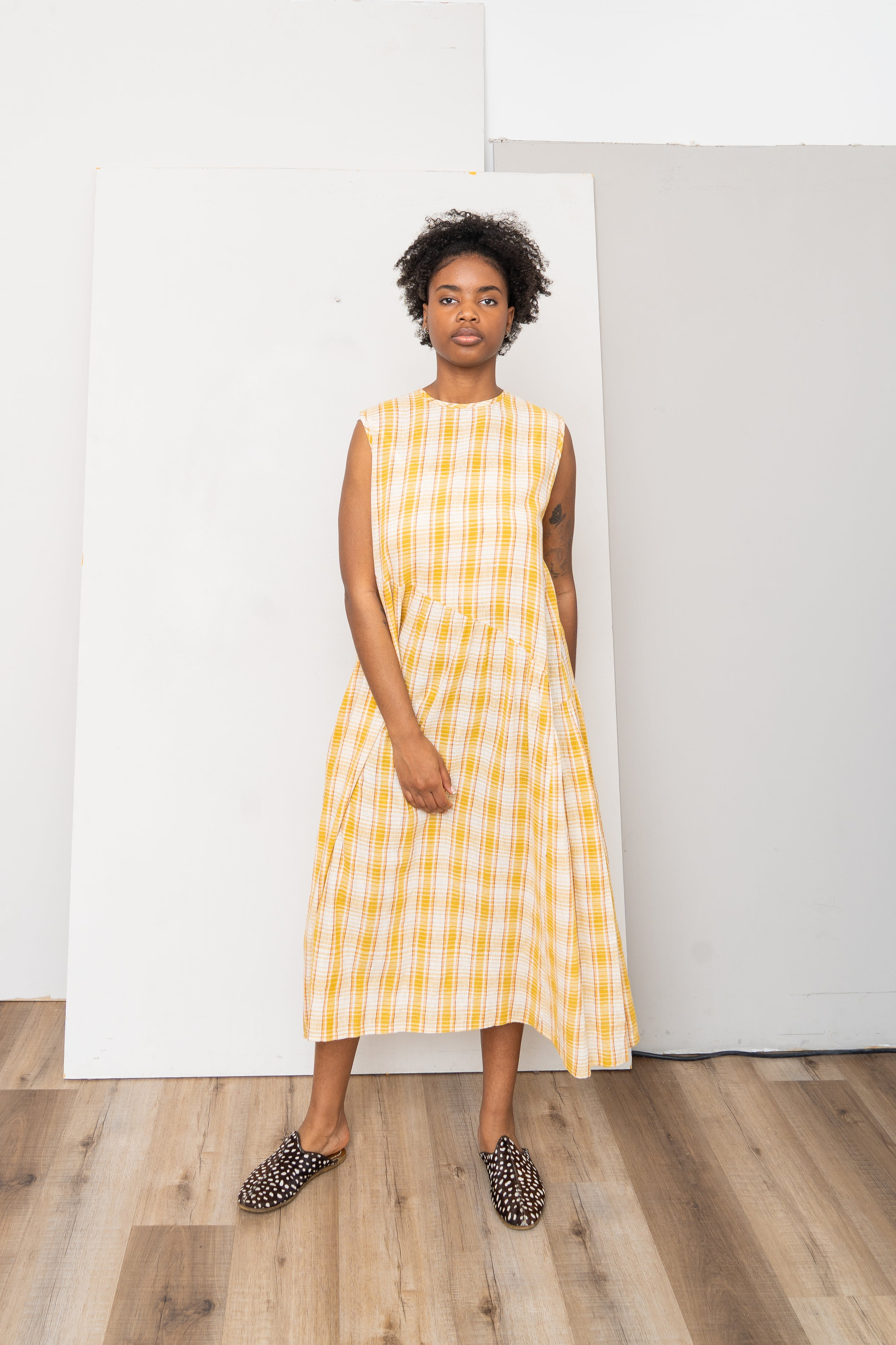 The Anan Gathered Dress  ~ Turmeric Check