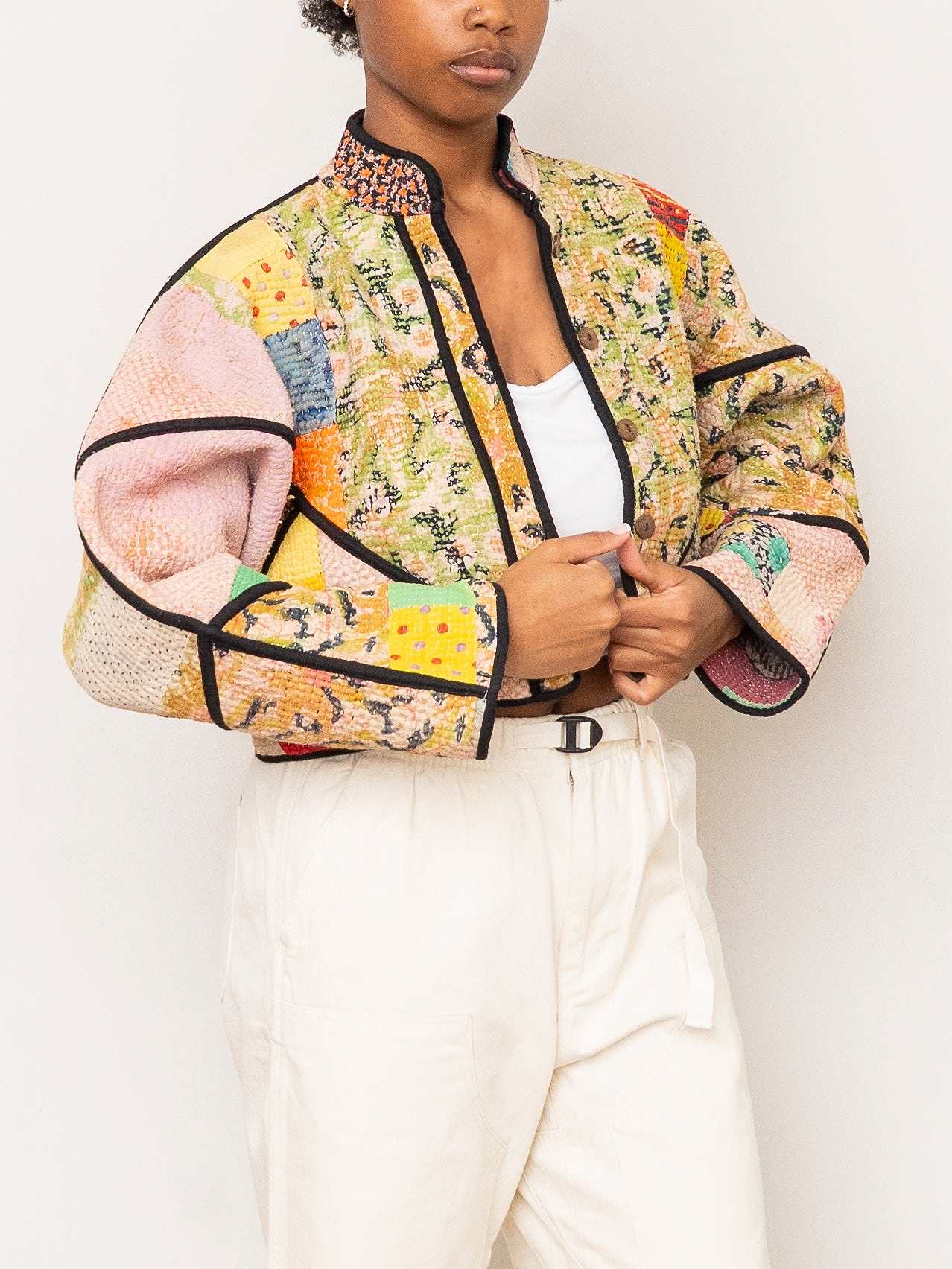 The Kaira Cropped Quilted Patchwork Kantha Jacket