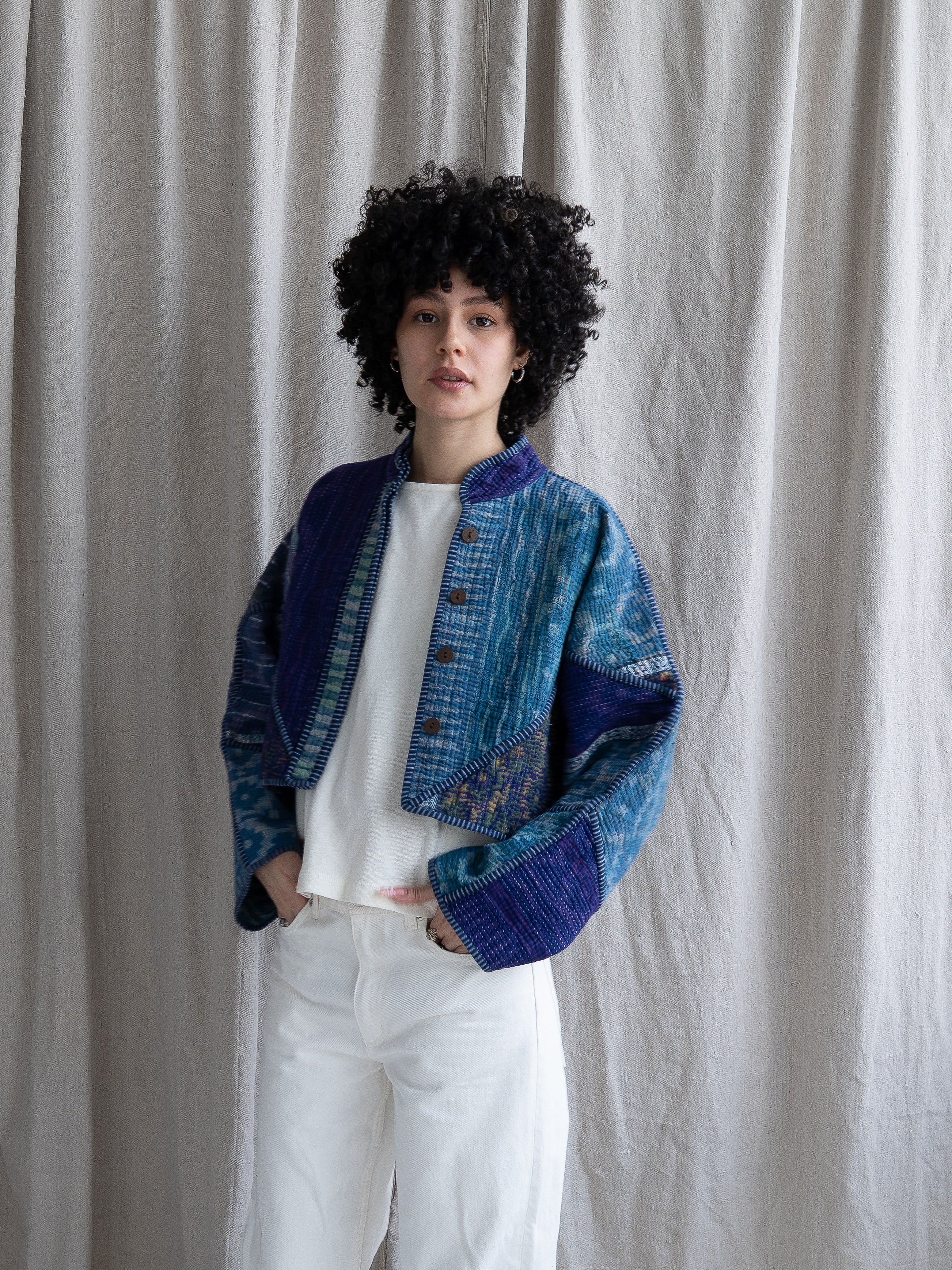 The Kaira Cropped Quilted Indigo Kantha Jacket