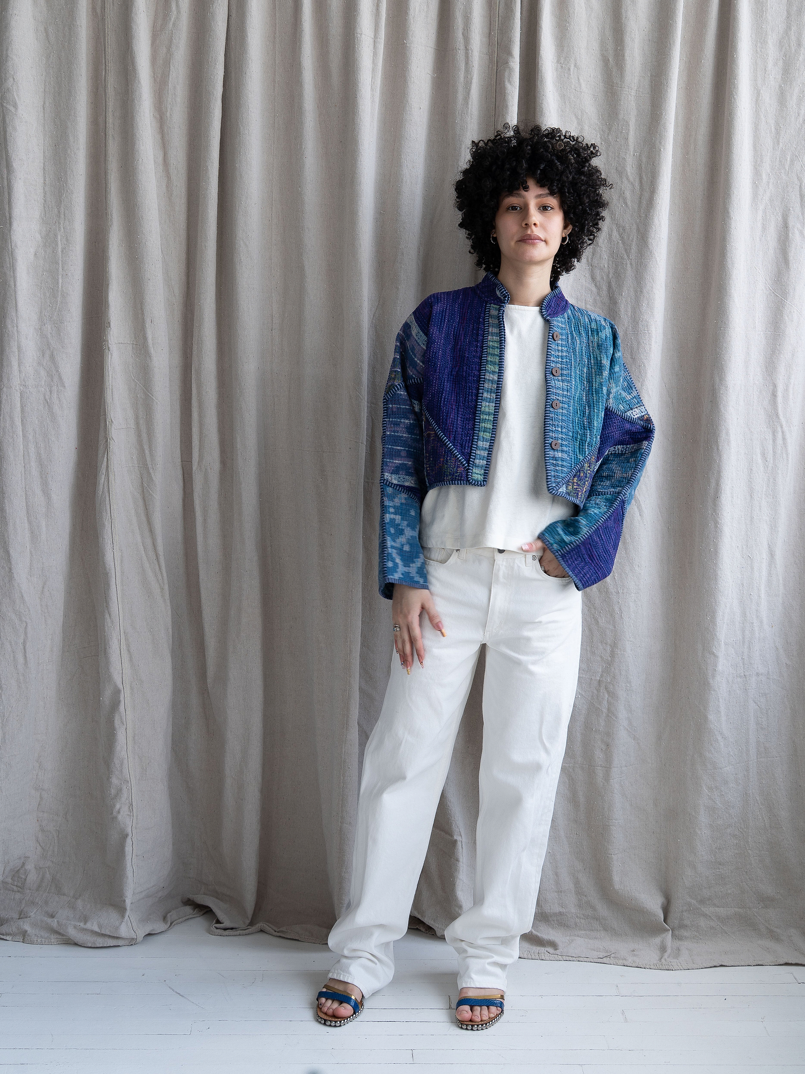 The Kaira Cropped Quilted Indigo Kantha Jacket