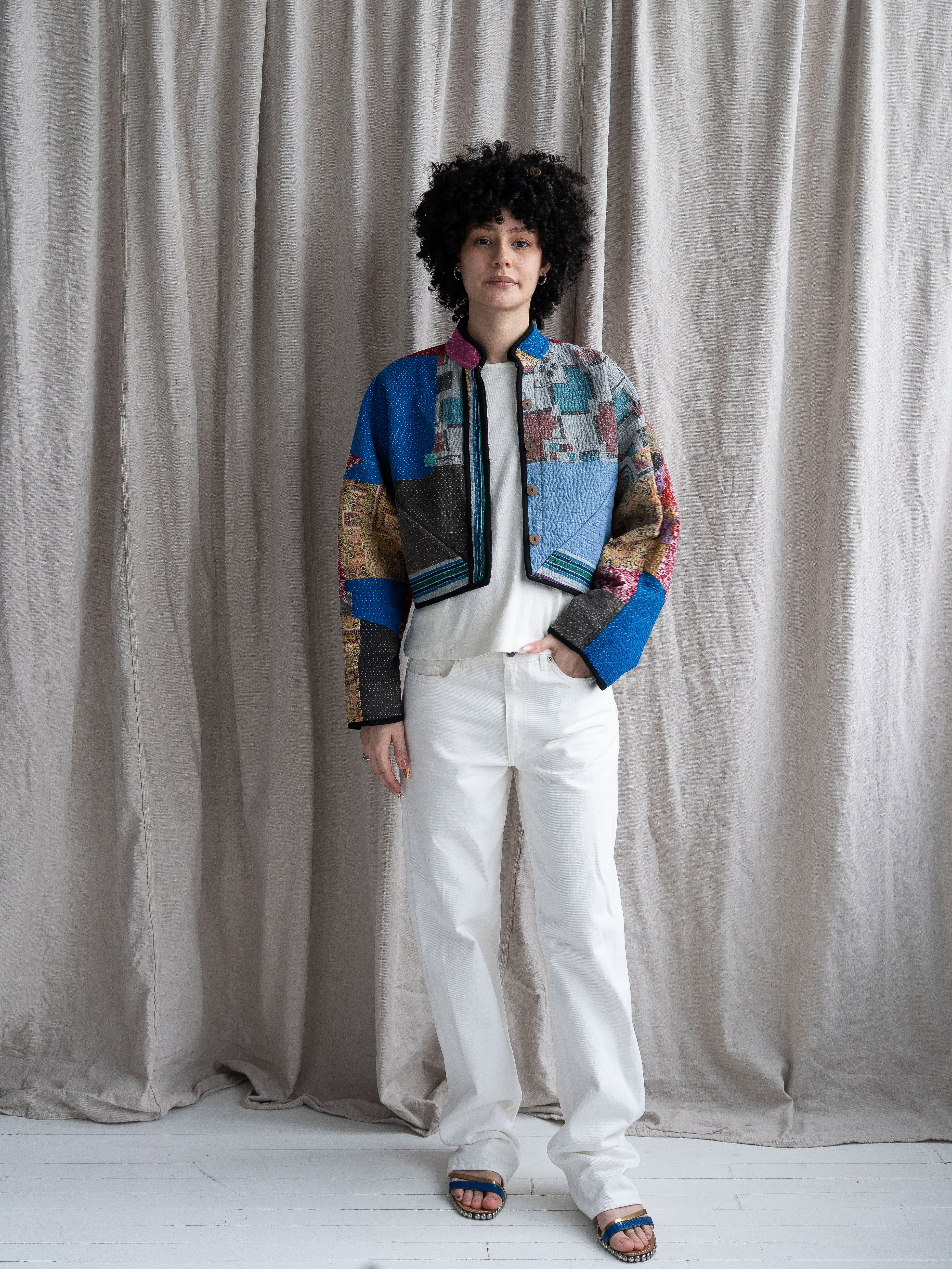 The Kaira Cropped Quilted Patchwork Kantha Jacket