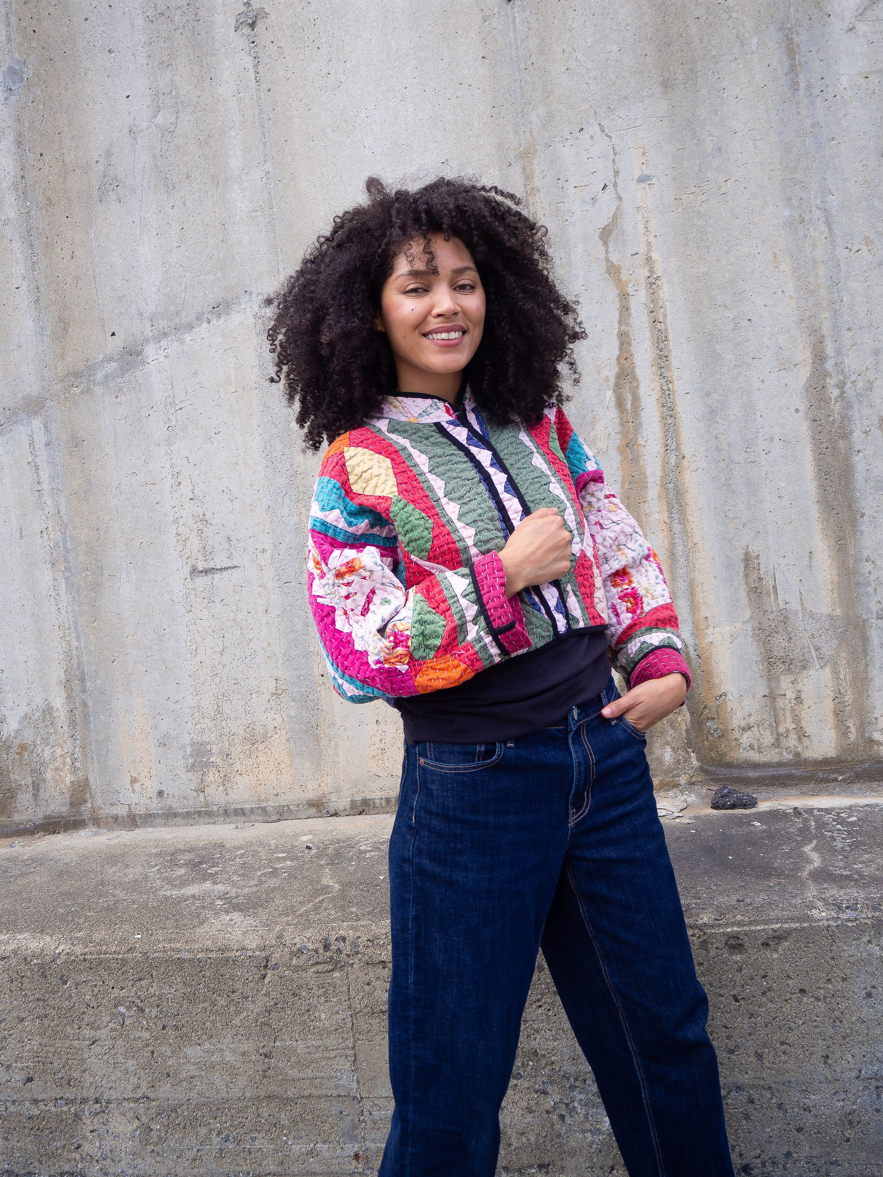 The Kaira Cropped Suzani Cut Out Kantha Jacket