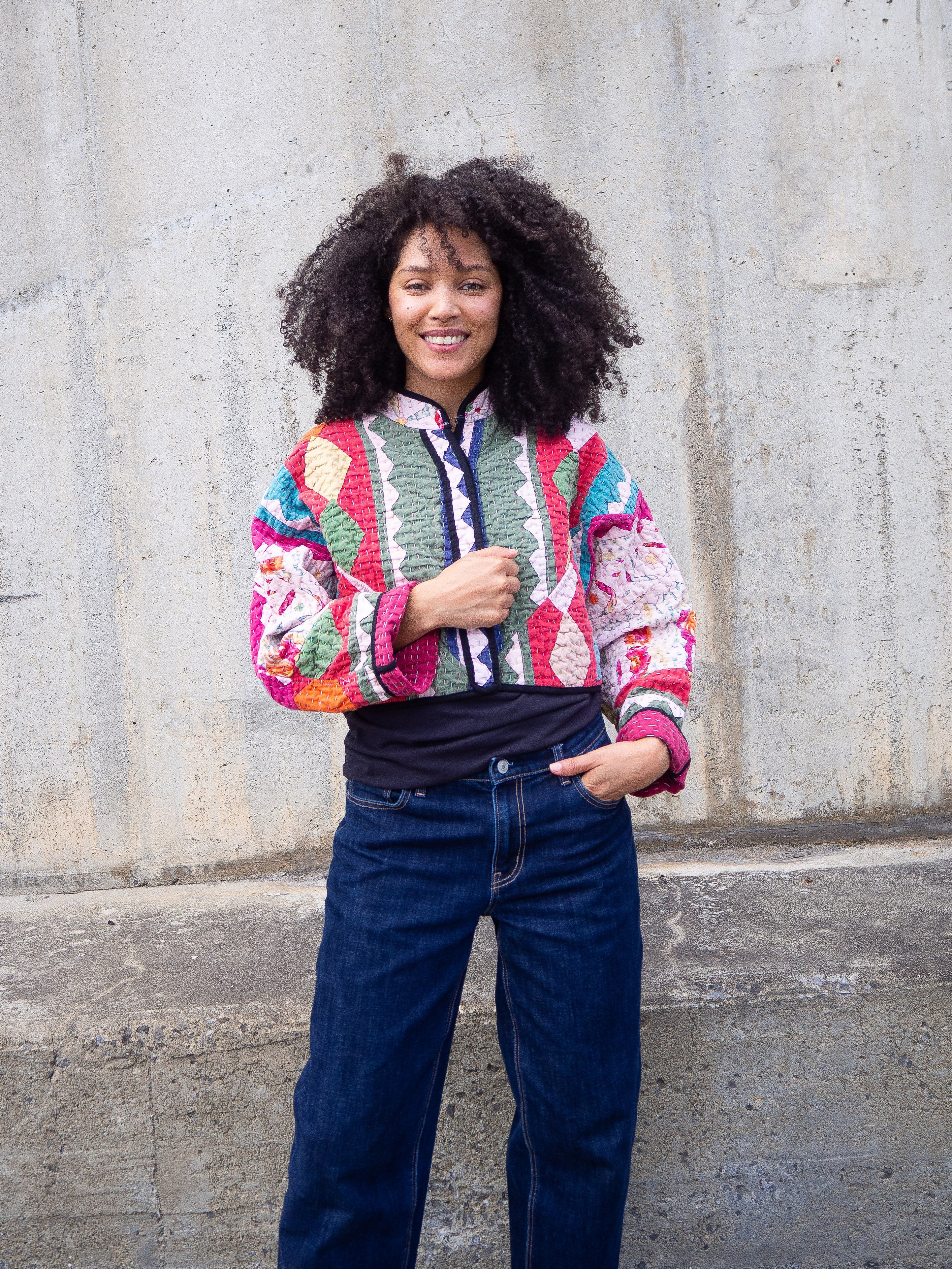 The Kaira Cropped Suzani Cut Out Kantha Jacket