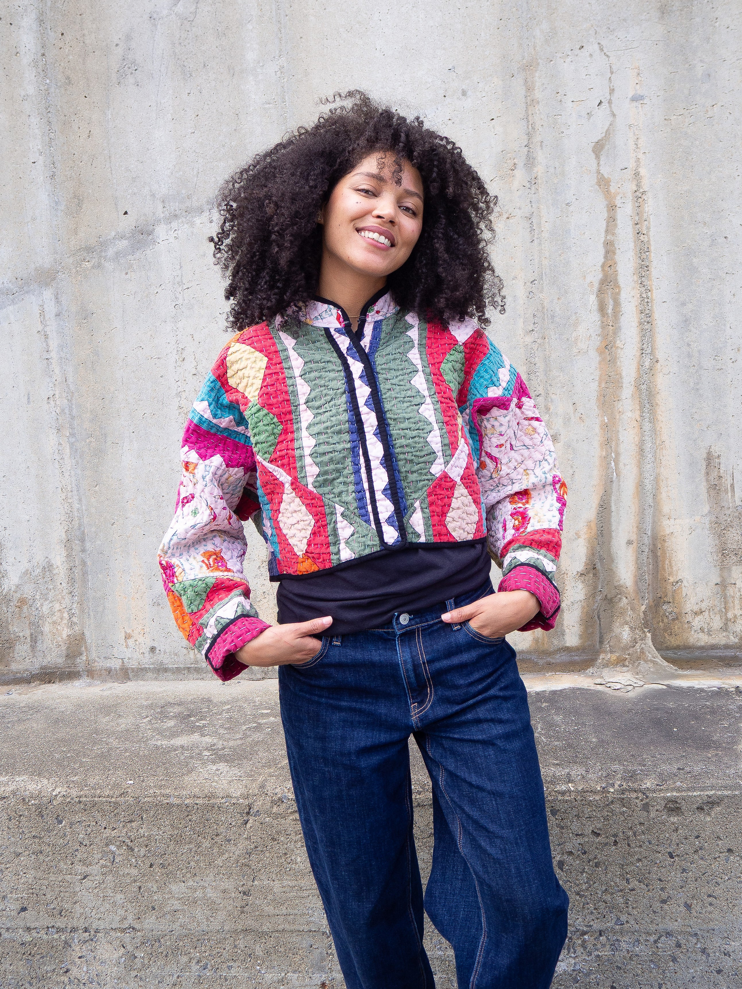 The Kaira Cropped Suzani Cut Out Kantha Jacket