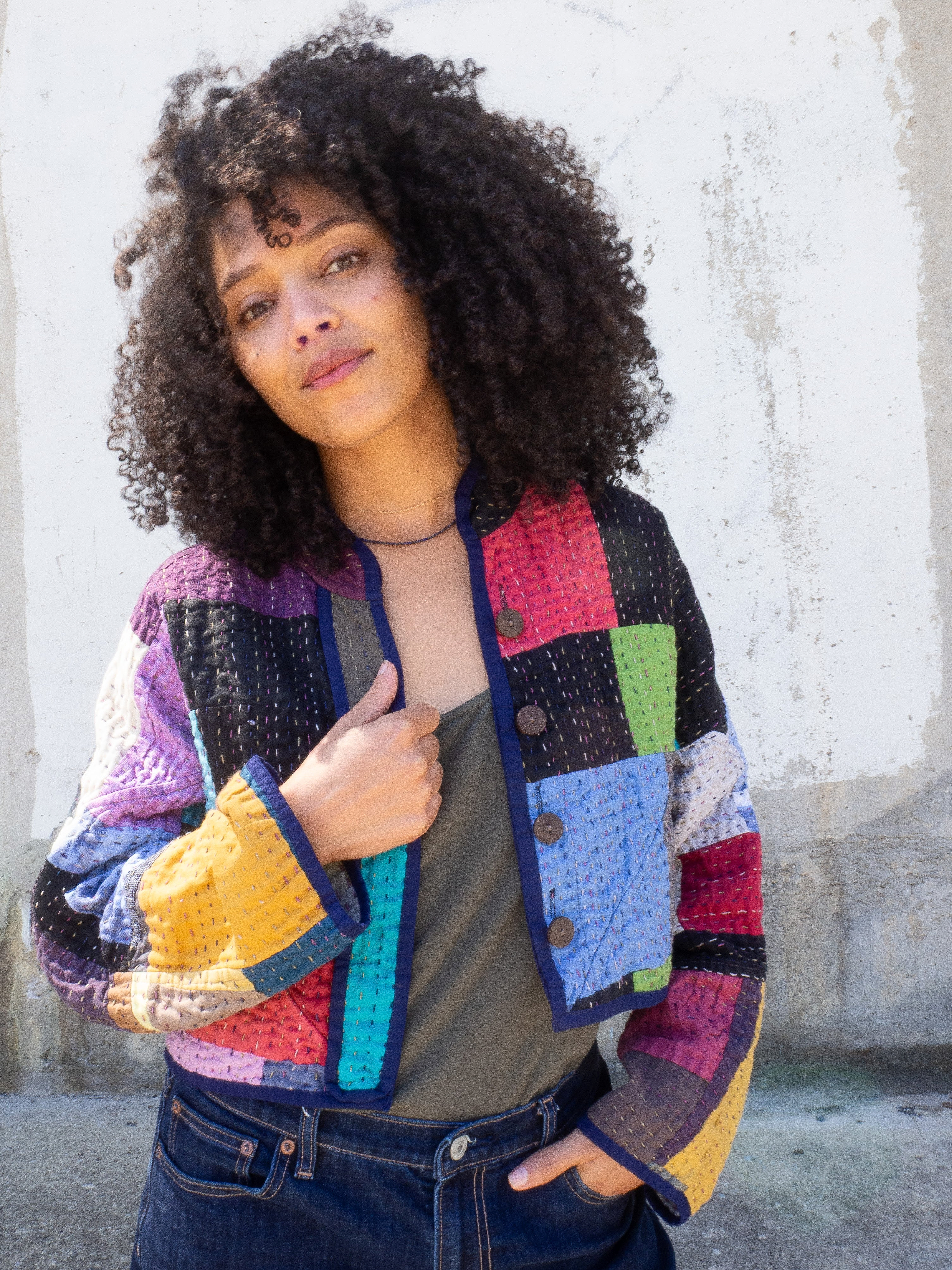 The Kaira Cropped Suzani Cut Out Kantha Jacket