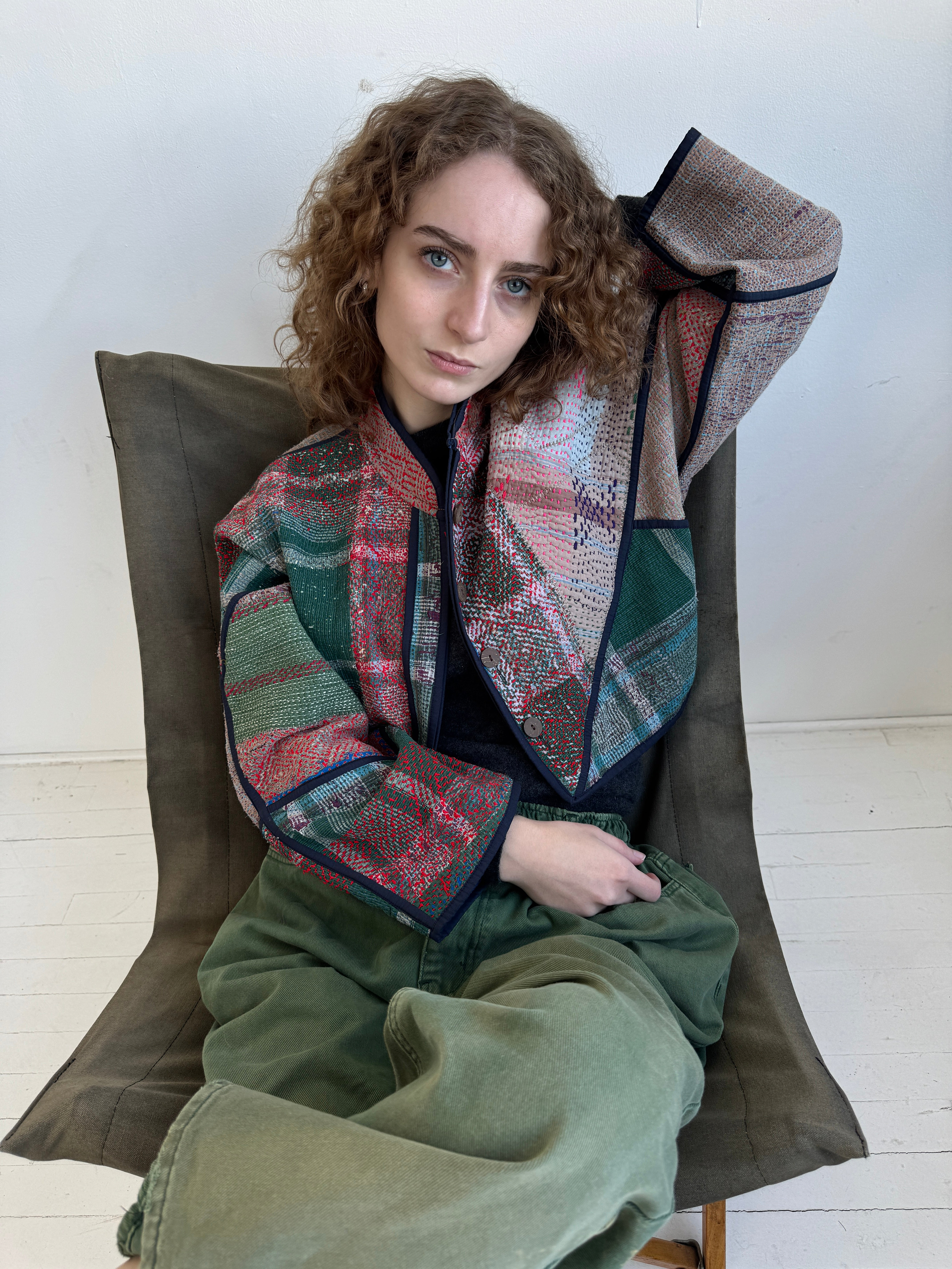 The Kaira Cropped Quilted Patchwork Kantha Jacket