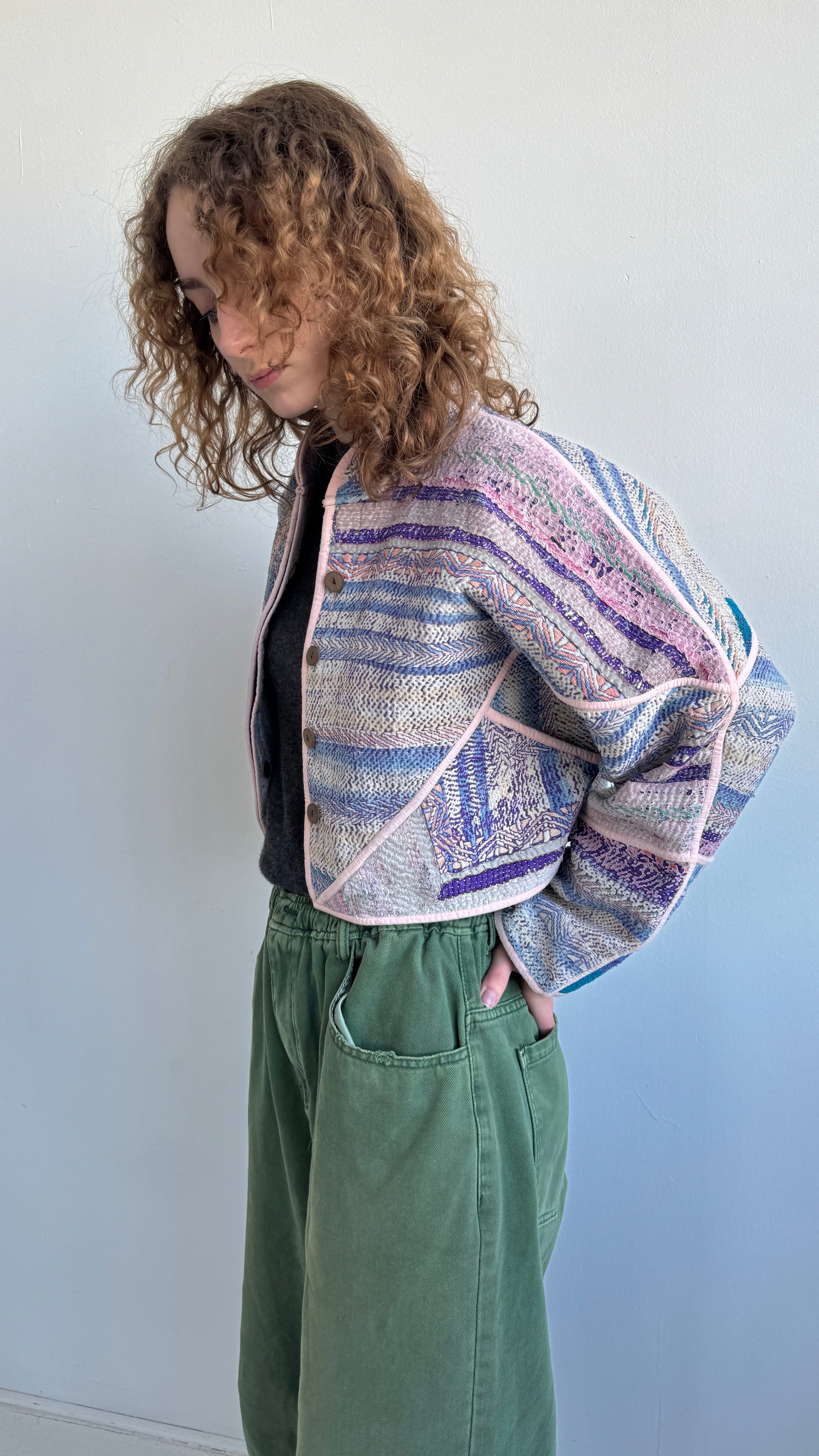 The Kaira Cropped Quilted Patchwork Kantha Jacket
